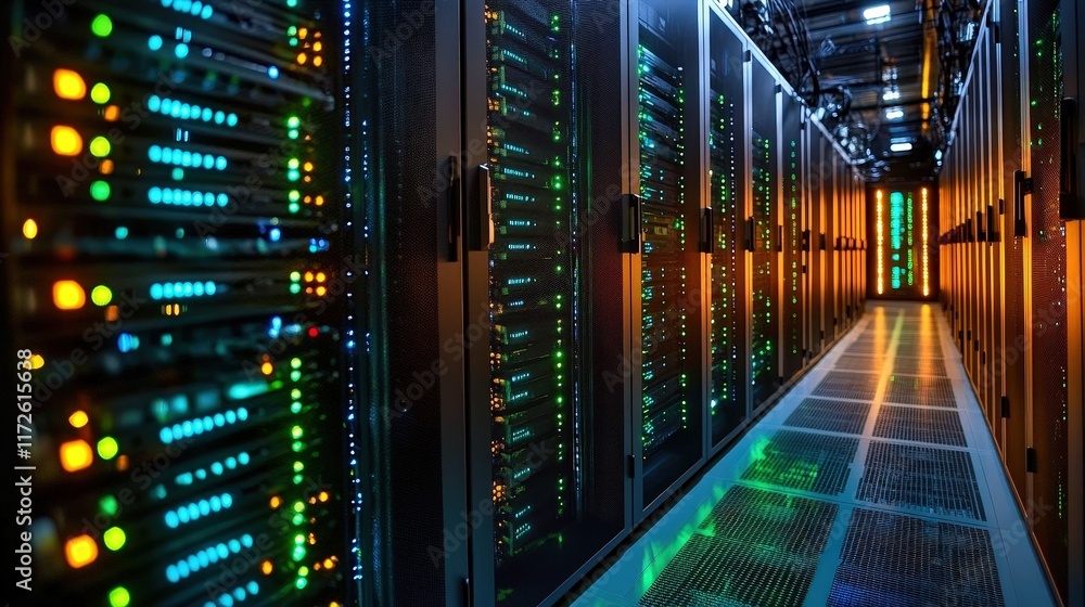 Poster high-tech data center with brightly lit server racks showcasing modern technology and advanced conne
