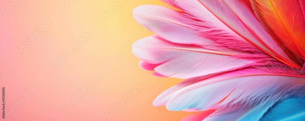 Poster Feather abstract background concept. Vibrant close-up of colorful feathers against a soft, gradient background.