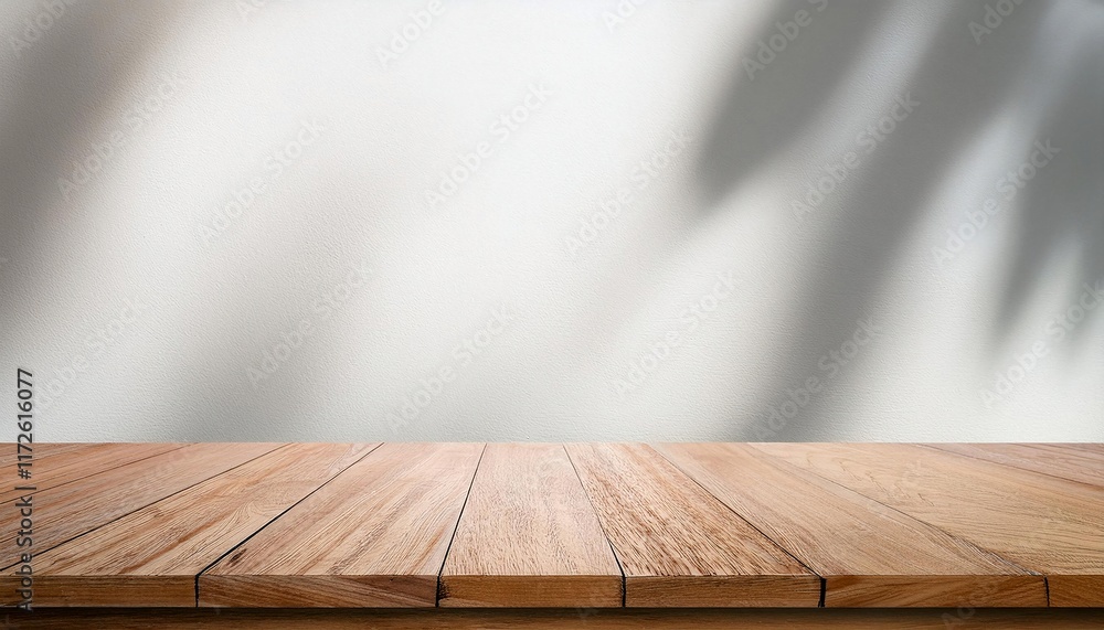 Poster empty wooden table top with blurry background of shadow white wall