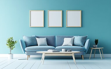 Blue living room interior design, modern sofa, minimalist decor, empty frames, calm background, home design inspiration.