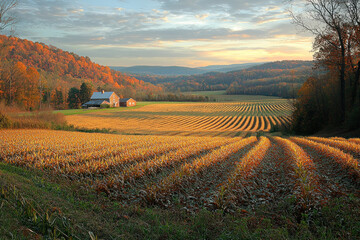 Obraz premium Harvested cornfield at sunrise, farm, autumn valley, scenic landscape