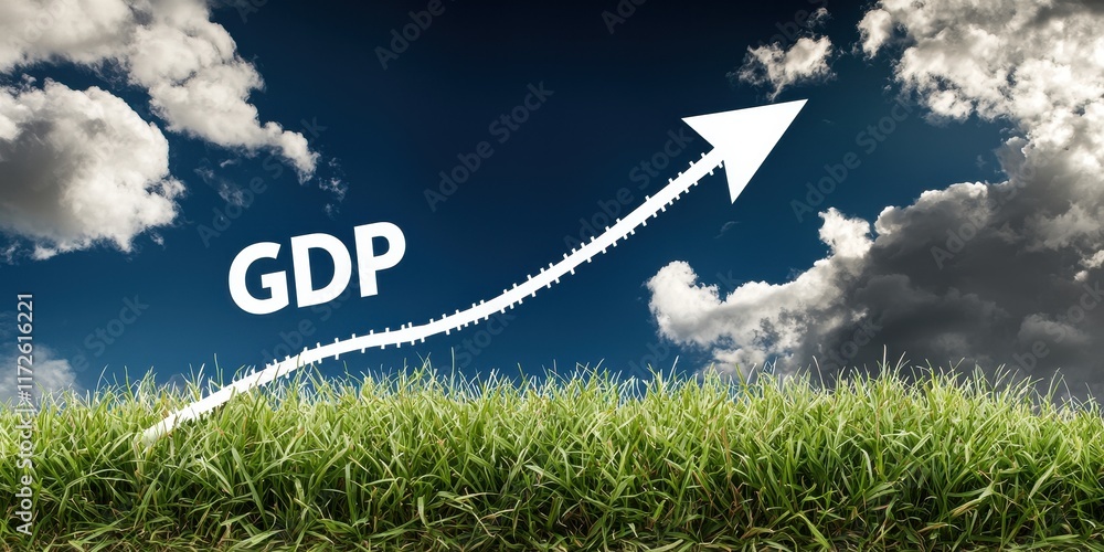 Poster climate change and global warming, policy. growth indicator with gdp label against a backdrop of clo