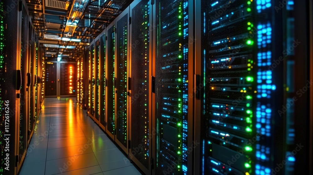 Poster high-tech data center interior with illuminated server racks and colorful led lights showcasing adva