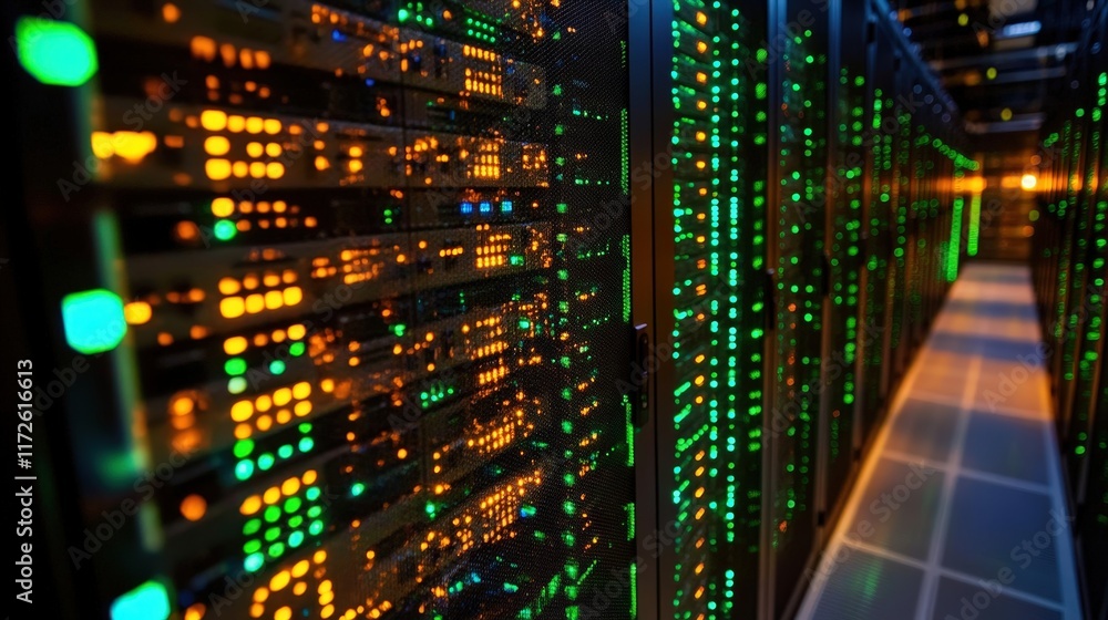 Poster high-tech data center interior with rows of server racks illuminated by green and orange led lights 