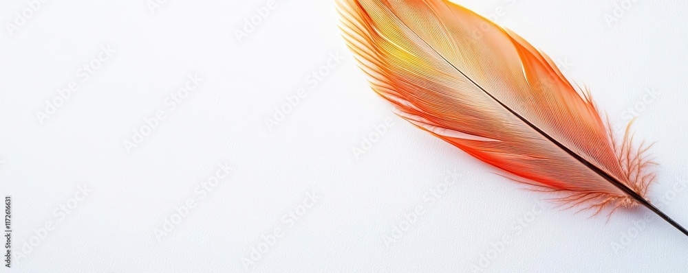 Poster feather abstract background concept. an elegant orange feather on a white background, symbolizing be