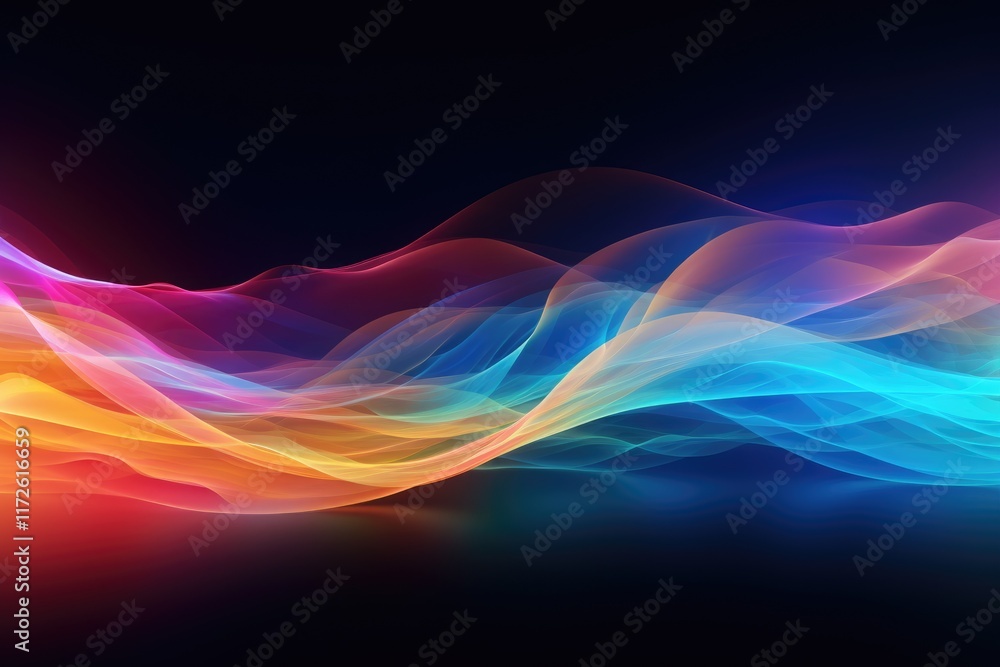 Poster dynamic rainbow-colored data torrent flowing across a dark background, showcasing vibrant motion and