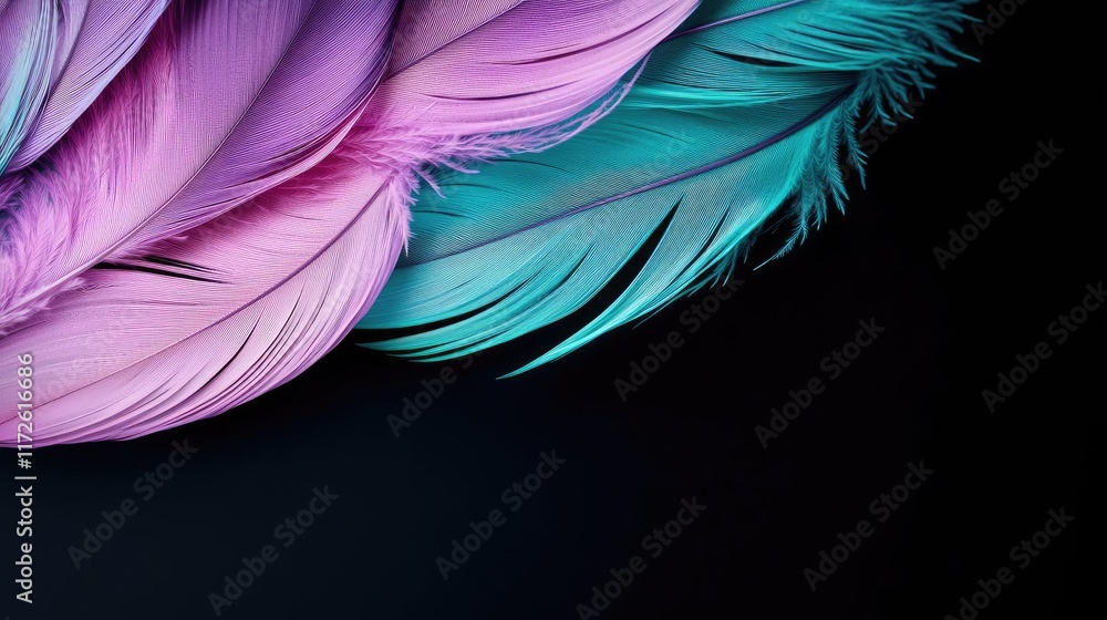 Poster feather abstract background concept. colorful feathers layered in soft hues of pink and teal on a da