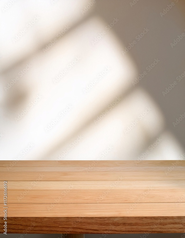 Poster empty wooden table top with blurry background of shadow white wall