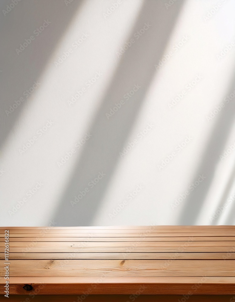 Poster empty wooden table top with blurry background of shadow white wall