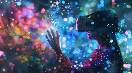 Woman Using VR Headset with Colorful Abstract Bokeh Lights