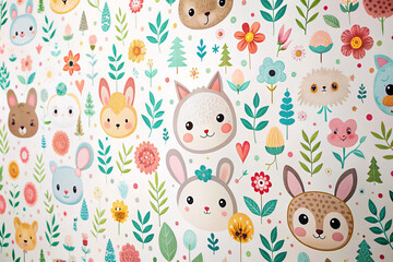 Obraz premium Cute animal faces and floral pattern.