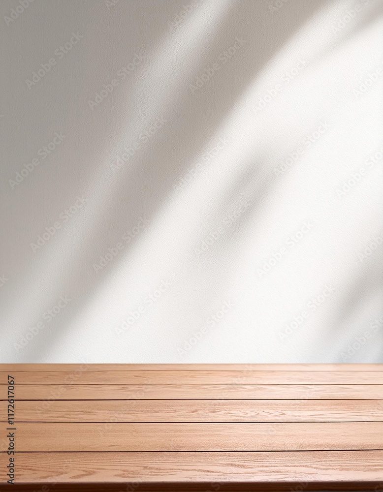 Poster empty wooden table top with blurry background of shadow white wall