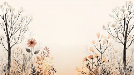 Artistic illustration featuring colorful flowers and trees on soft background