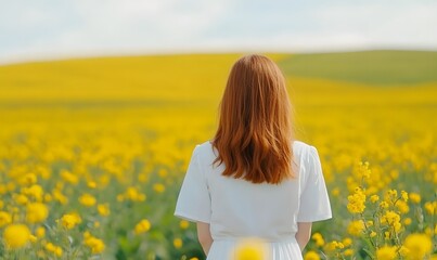 Fototapeta premium girl in a white dress surrounded by a vibrant rapeseed field, Generative AI 