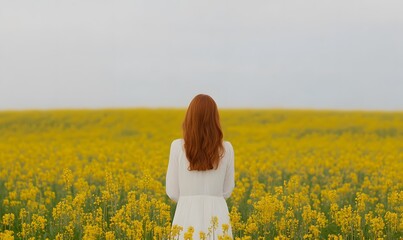 Fototapeta premium girl in a white dress surrounded by a vibrant rapeseed field, Generative AI 