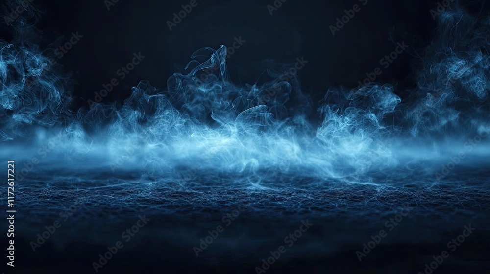 Poster smoke abstract background idea. a mesmerizing display of blue smoke swirling through a dark atmosphe