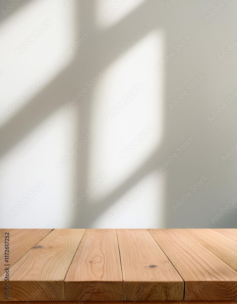 Poster empty wooden table top with blurry background of shadow white wall