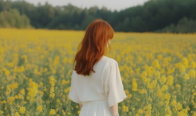 Fototapeta premium girl in a white dress surrounded by a vibrant rapeseed field, Generative AI 