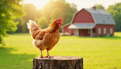 Fototapeta premium Chicken standing on a log in a sunny farmyard