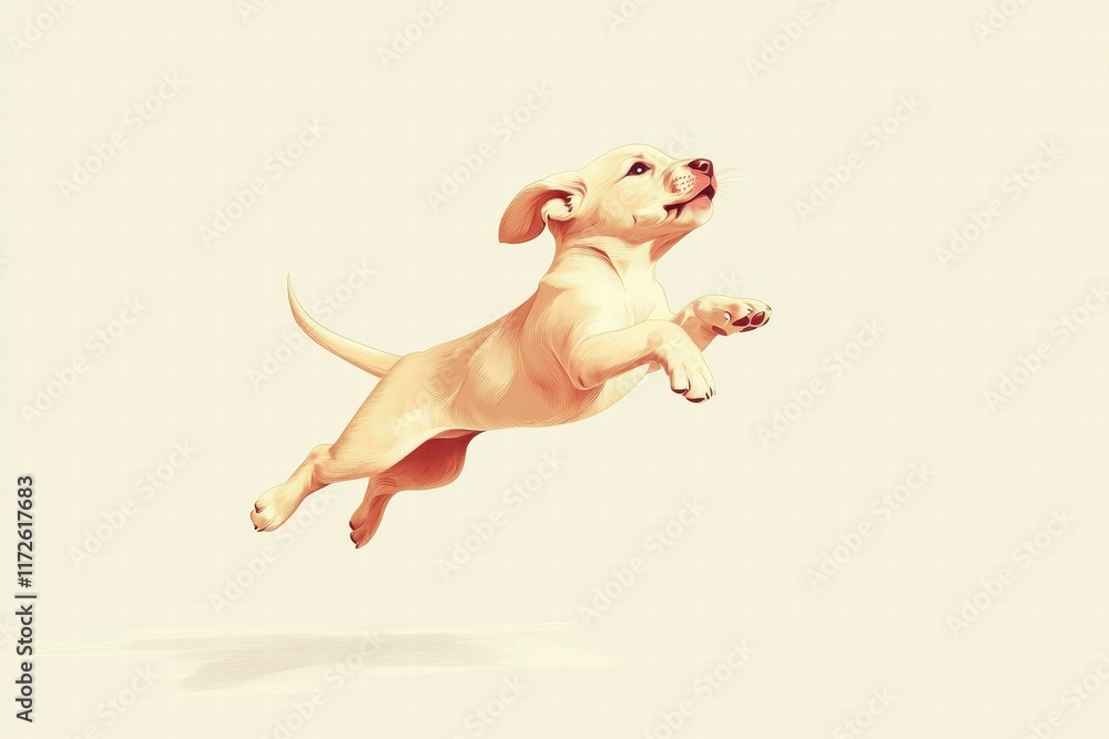Aufkleber joyful puppy leaps in boundless happiness across a soft, neutral background in a lively illustration