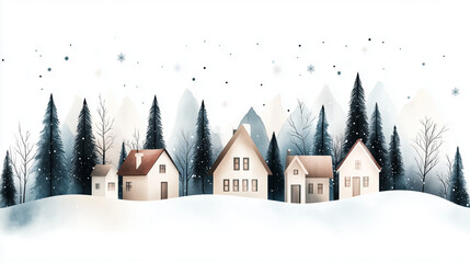 Serene winter landscape featuring cozy houses with pine trees