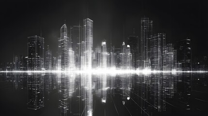 Fototapeta premium Abstract Black and White Backgrounds. A digital rendering of a futuristic city at night, showcasing illuminated skyscrapers and their reflections in a dark water body.