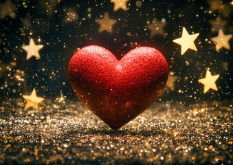 Fototapeta premium Glittering red heart surrounded by golden stars creates a festive atmosphere for celebrations and special occasions