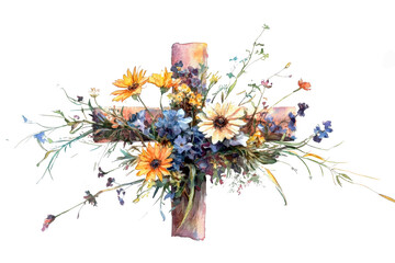 Stunning cross adorned with wildflowers in soft, vibrant colors on a clean white background
