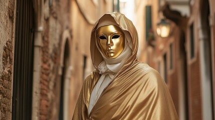 Mystical figure in gold mask and cloak on venetian street
