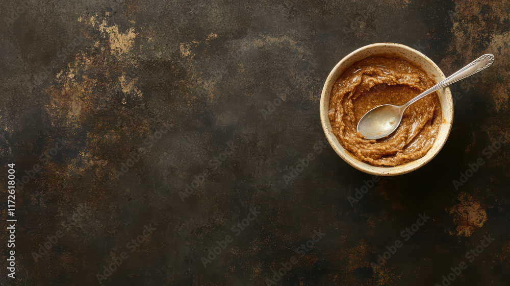 Poster bowl of nut butter with spoon on textured dark background, perfect for adding touch of warmth to you