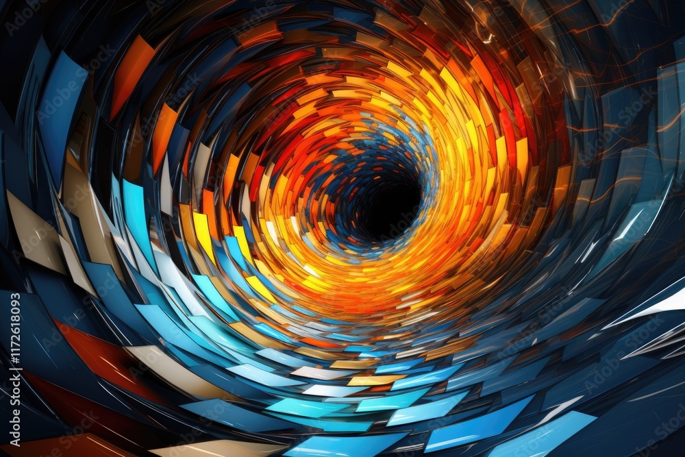 Poster Rapidly shifting prismatic shapes swirl within a digital vortex, creating a mesmerizing visual effect that captivates the viewer in a vibrant display of light and color