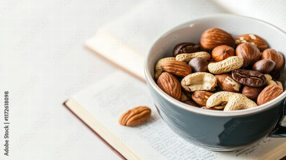 Poster bowl of assorted nuts on open book, creating cozy atmosphere for relaxation and enjoyment. perfect f