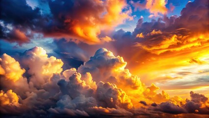 Above the clouds, a golden hour sunset paints a dramatic sky with breathtaking cloud formations. Stunning nature photography.