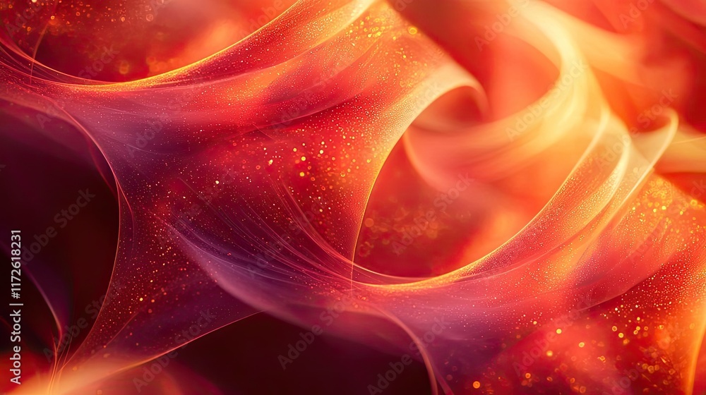 Poster Smoke abstract background idea. Vibrant abstract waves with warm colors and sparkles create a mesmerizing visual effect.