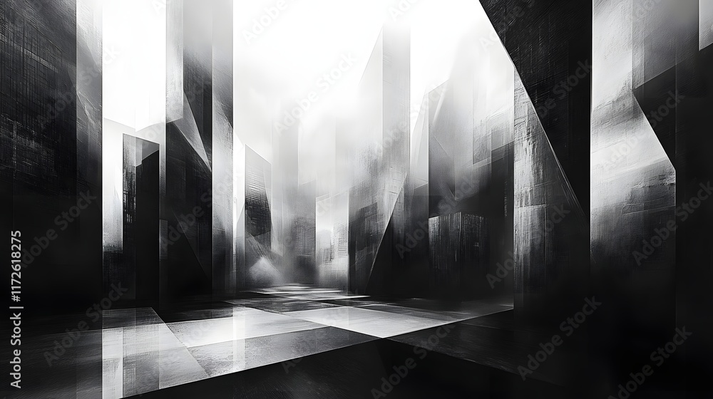 Poster abstract black and white backgrounds. a grayscale digital artwork depicting a futuristic, abstract c