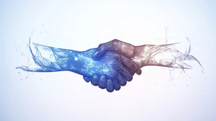 Two hands shaking in abstract illustration with blue and gray tones