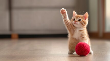 Playful ginger kitten with red yarn ball in cozy room
