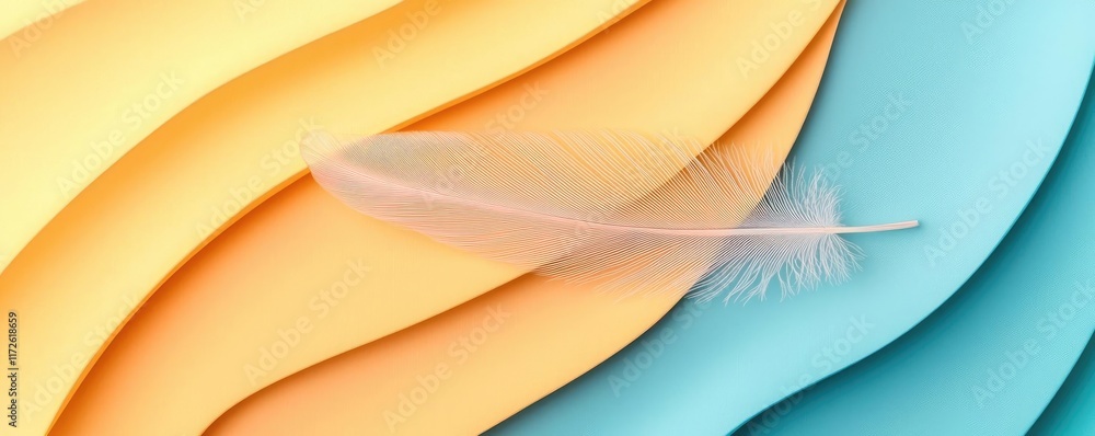 Poster feather abstract background concept. a delicate feather resting on vibrant, colorful waves of paper 