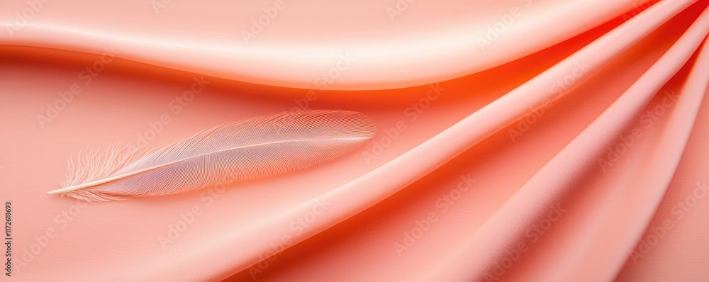 Poster feather abstract background concept. soft pink fabric elegantly draped with a delicate feather resti