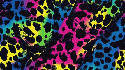 Colorful Neon Leopard Print Pattern with Animal Print Design. Background with bold and vibrant abstract image of a rainbow-colored leopard pattern, representing energy and creativity.