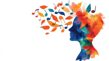 Fototapeta premium Feelings Cognitive Dialogue style. Colorful silhouette with abstract thoughts represented by music notes and leaves.