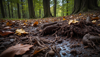 Obraz premium Forest floor with roots and fallen leaves in autumn