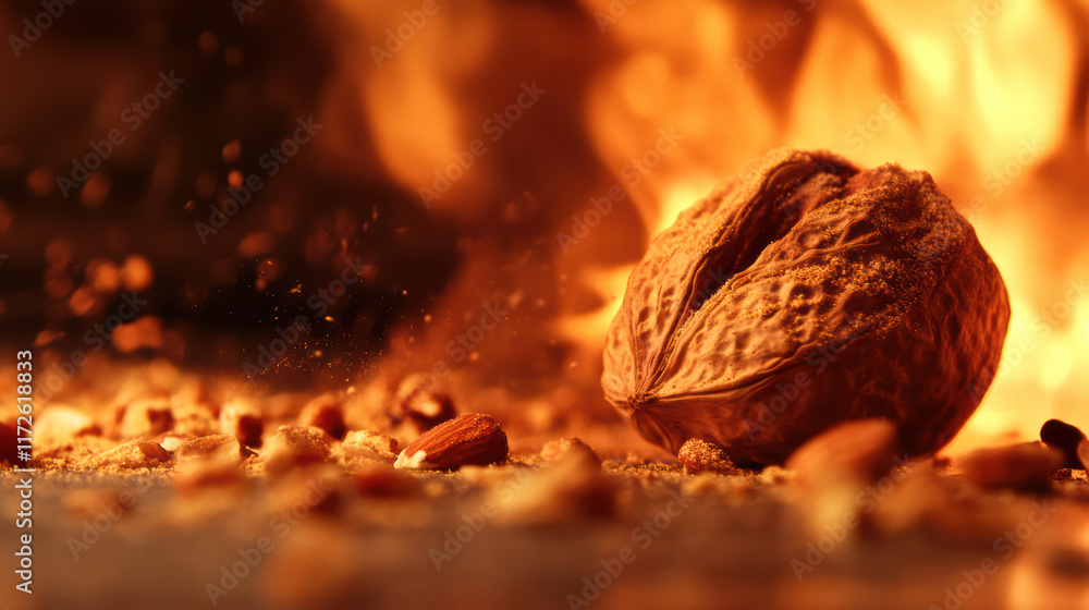 Poster close up of nut being roasted, surrounded by scattered nuts and sparks from fire, creating warm and 