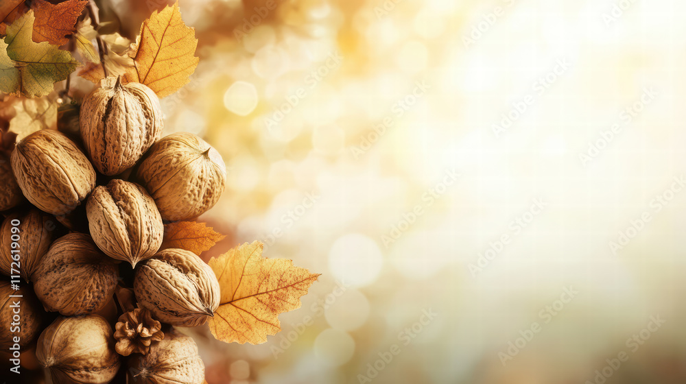 Poster close up of nut tree in autumn, showcasing nuts and vibrant leaves, creating warm and inviting atmos