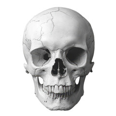 Minimalist skull design on a clean white background, emphasizing form and simplicity, creating a striking visual impact.