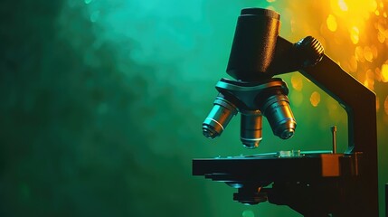 Laboratory microscope on a gradient green background with bokeh light effects, creating a vibrant scientific theme.