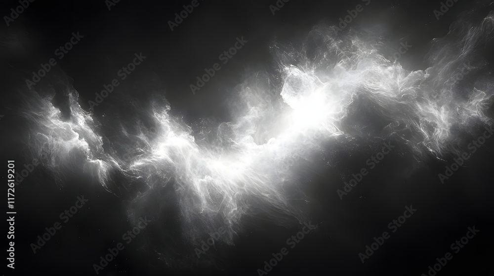 Poster Abstract Black and White Backgrounds. A mesmerizing grayscale image depicting an abstract nebula, swirling with luminous white against a dark background. A cosmic ballet of light and shadow.