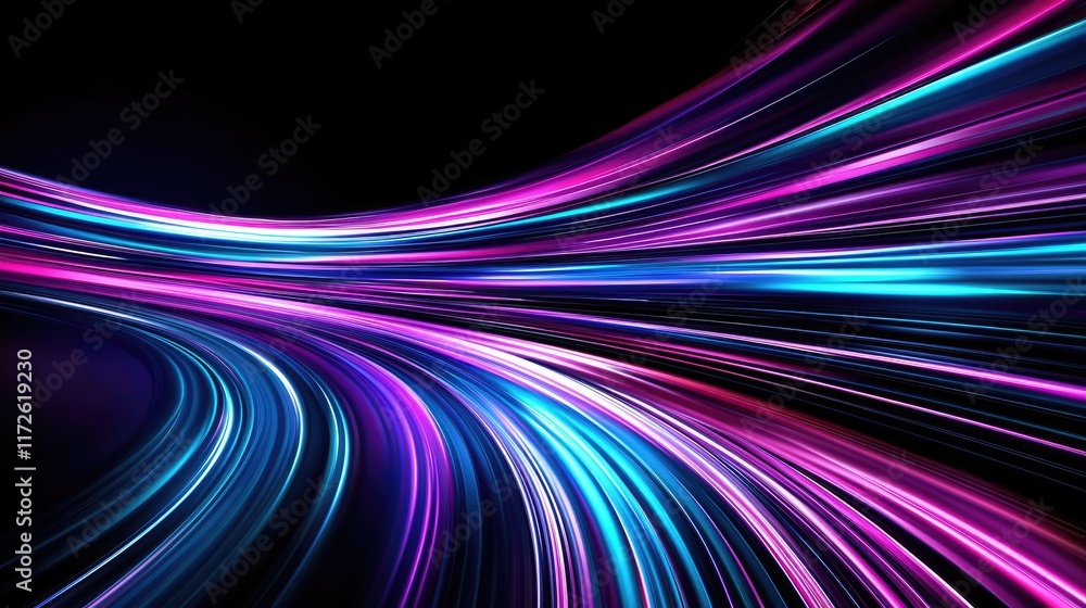 Poster Splash abstract background concept. Dynamic wave of colorful light lines in blue and pink hues on a dark background.