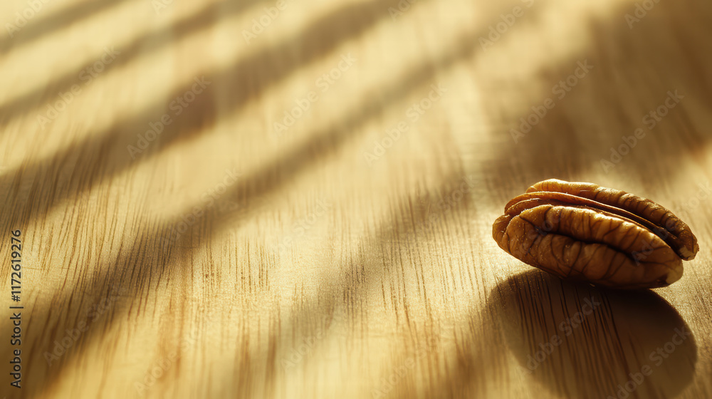 Aufkleber close up of pecan half resting on wooden surface, illuminated by soft shadows, creating warm and inv