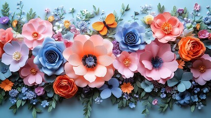 Fototapeta premium A vibrant arrangement of colorful paper flowers and a butterfly on a blue background.
